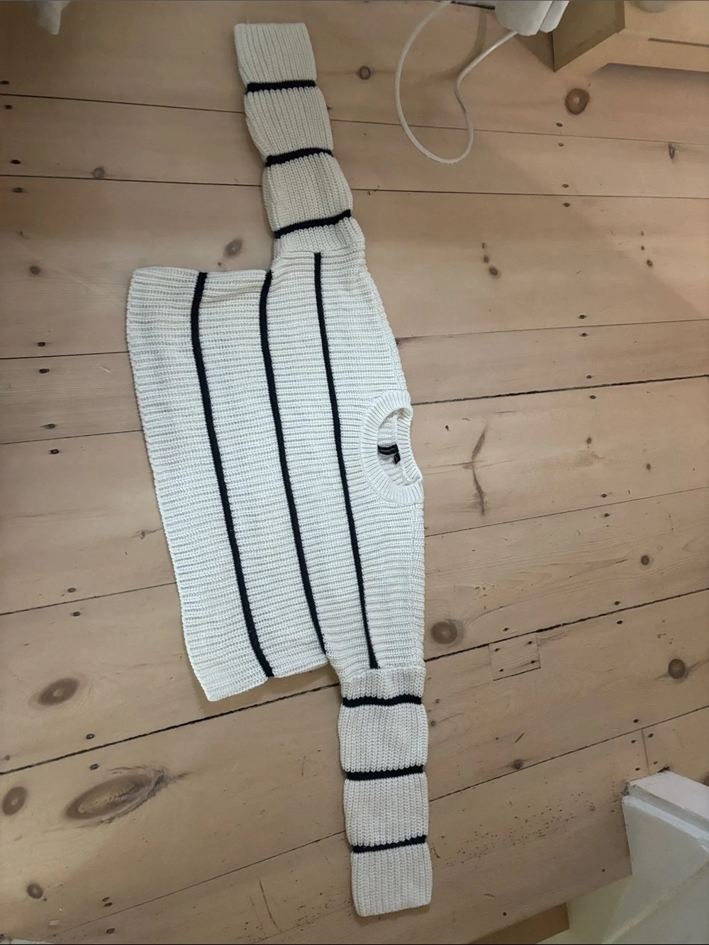 Cream Knit Sweater with Navy Stripes - Women's Pullover